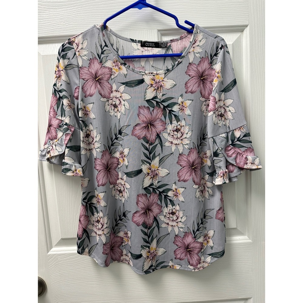 Cure Womens Floral Ruffle Bell Sleeve Blouse Blue-Grey Purple Ribbed Top Medium
